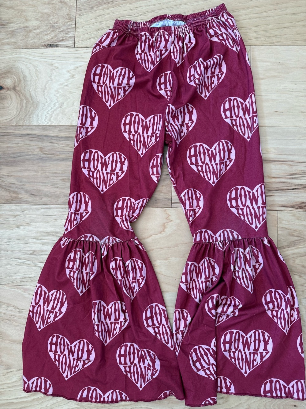 Girl’s Western Bell Bottom Lainey Wilson Burgundy Heart-Print Ruffle Hem Pants